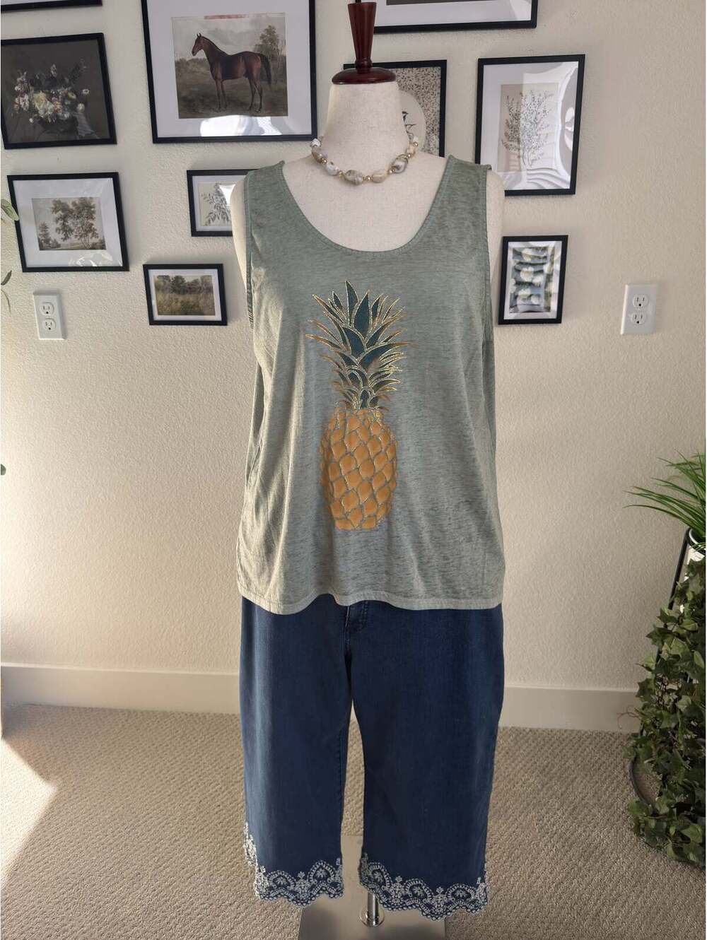 joei & i Sage Green Pineapple Graphic Tie-Back - Size 2X